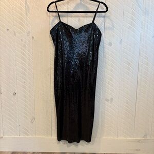 Express Black Sequin Fitted Midi Cocktail Dress Stretchy Adjustable EUC medium